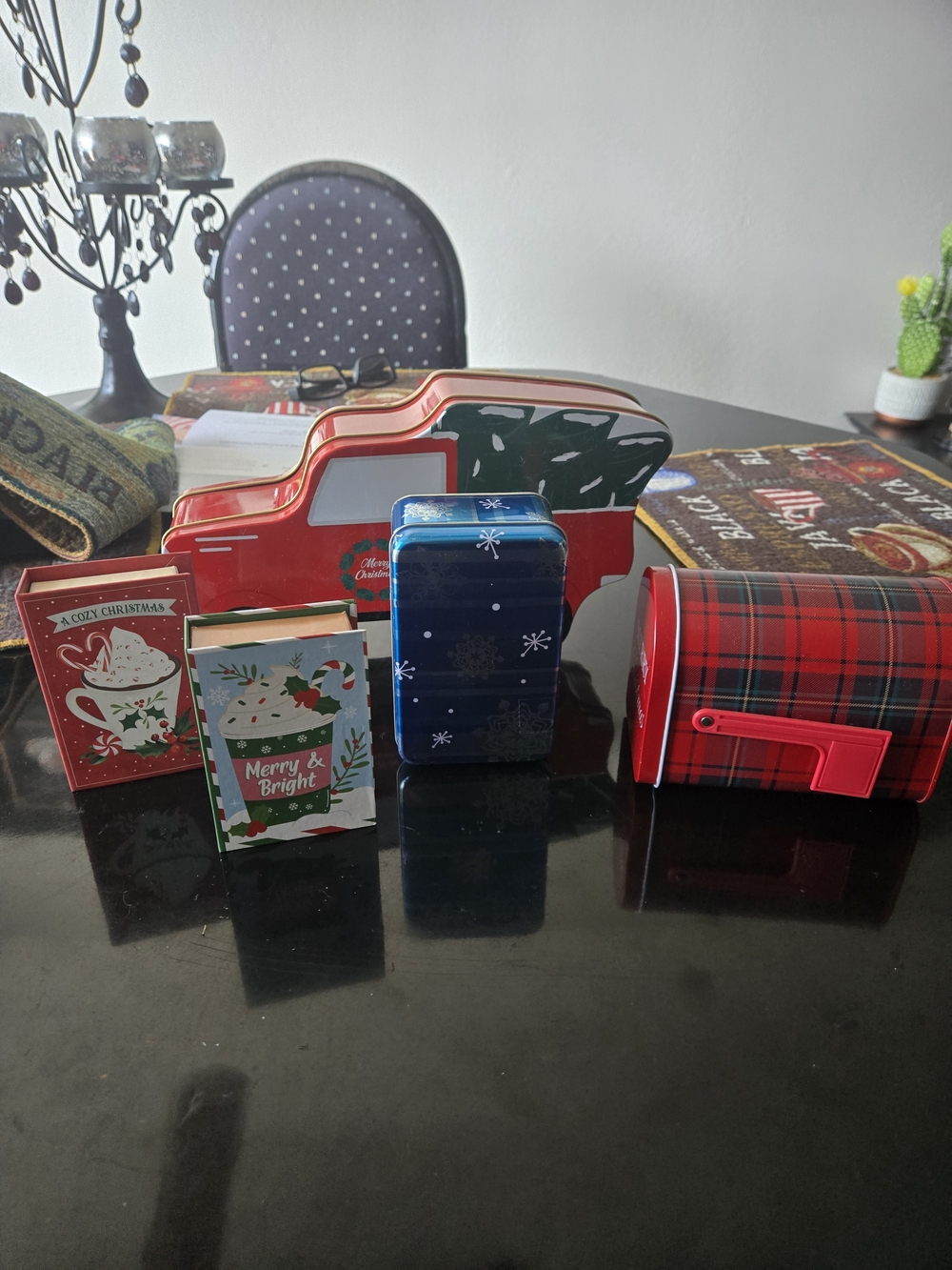 Lot of 5 Festive Christmas Holiday Tins - Red Truck, Mailbox, Book Boxes & Snowf